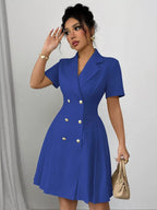 Royal blue double-breasted pleated blazer mini dress, front view.