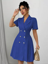 Royal blue double-breasted pleated blazer mini dress, front view.