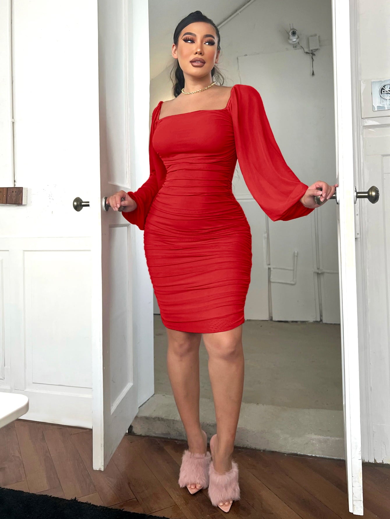 Zip-back ruched red dress back view
