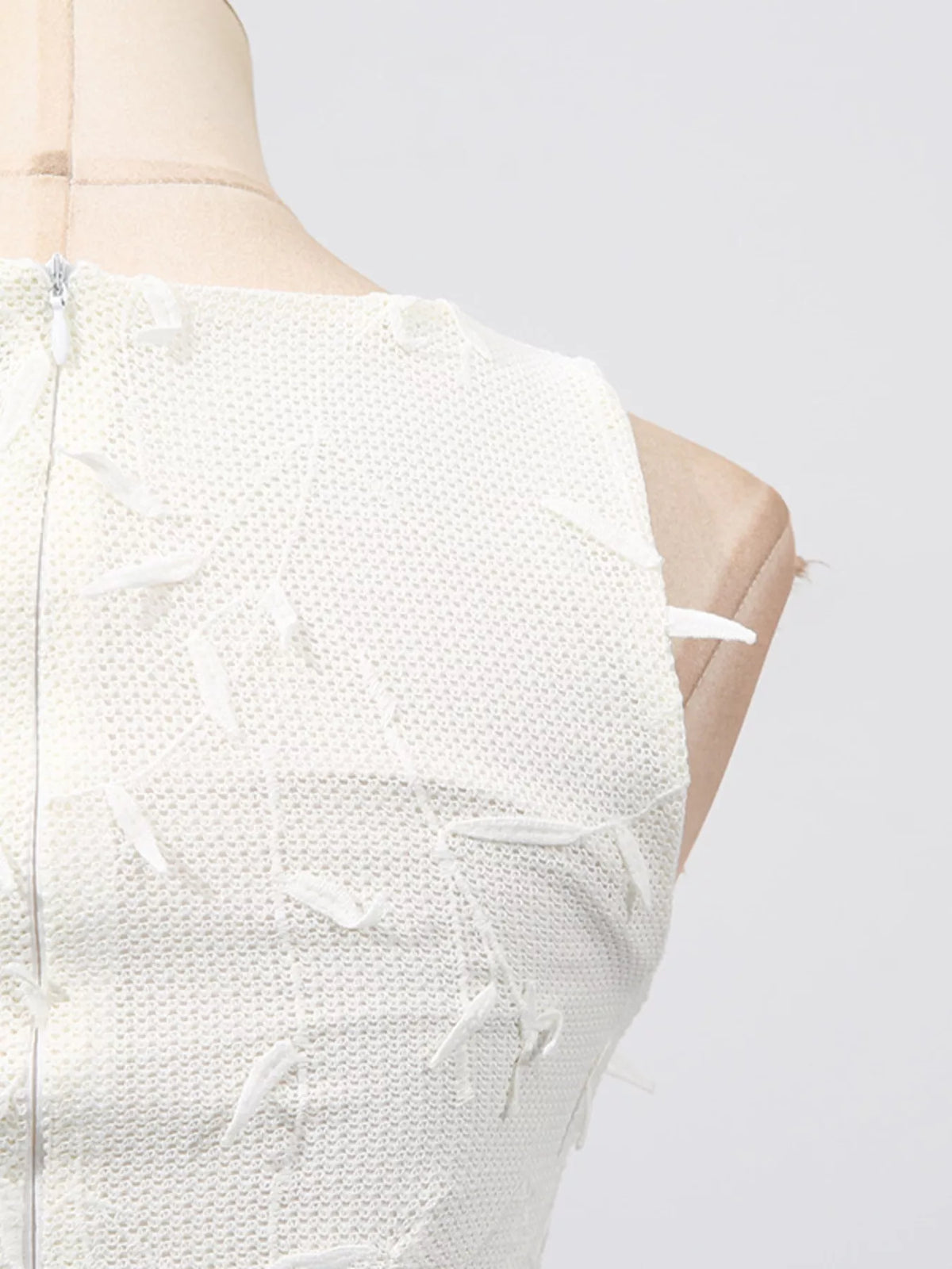 White floral applique dress, front bodice detail