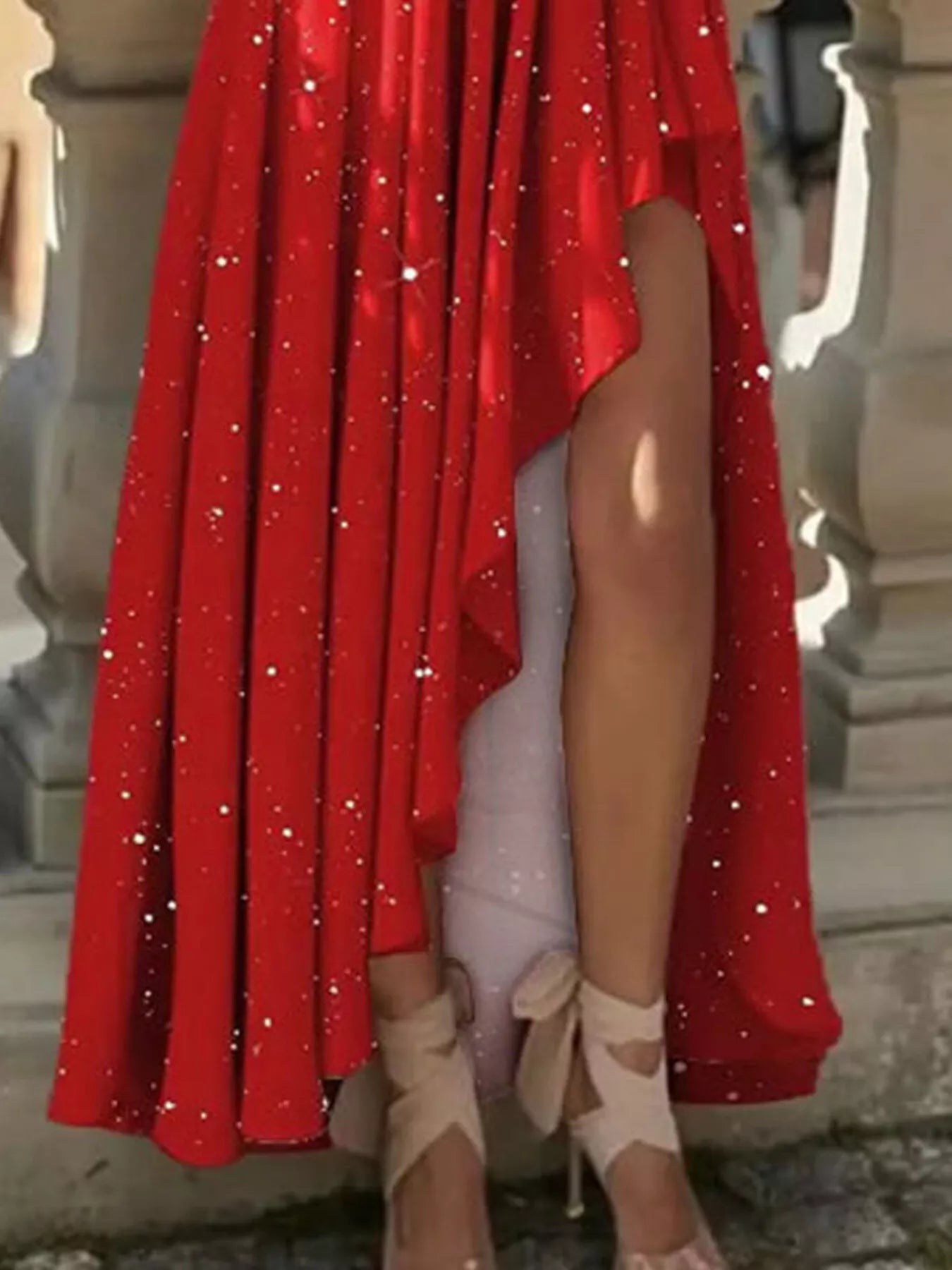 Deep-Red One-Shoulder High-Low Slit Maxi Dress - product view 3