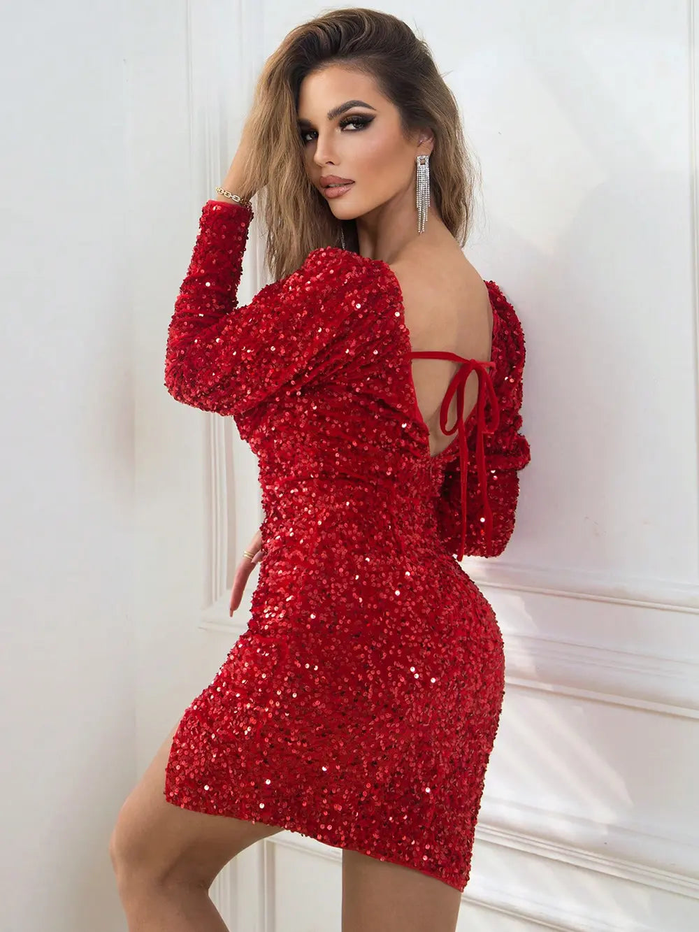 Red Sequin Sweetheart-Neck Long-Sleeve Slit Dress - product view 2