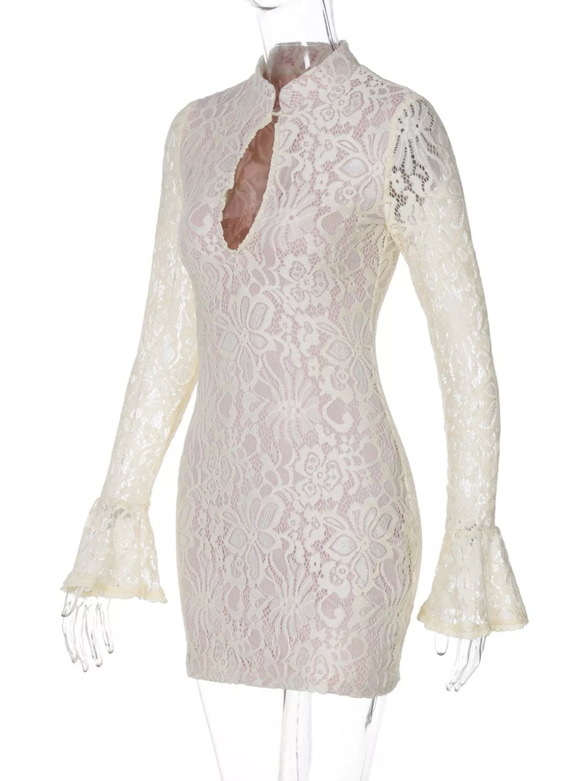 Ivory lace cutout long-sleeve mini dress, front view.