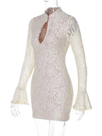 Ivory lace cutout long-sleeve mini dress, front view.