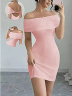 Pink off-shoulder backless bodycon mini dress, front view.