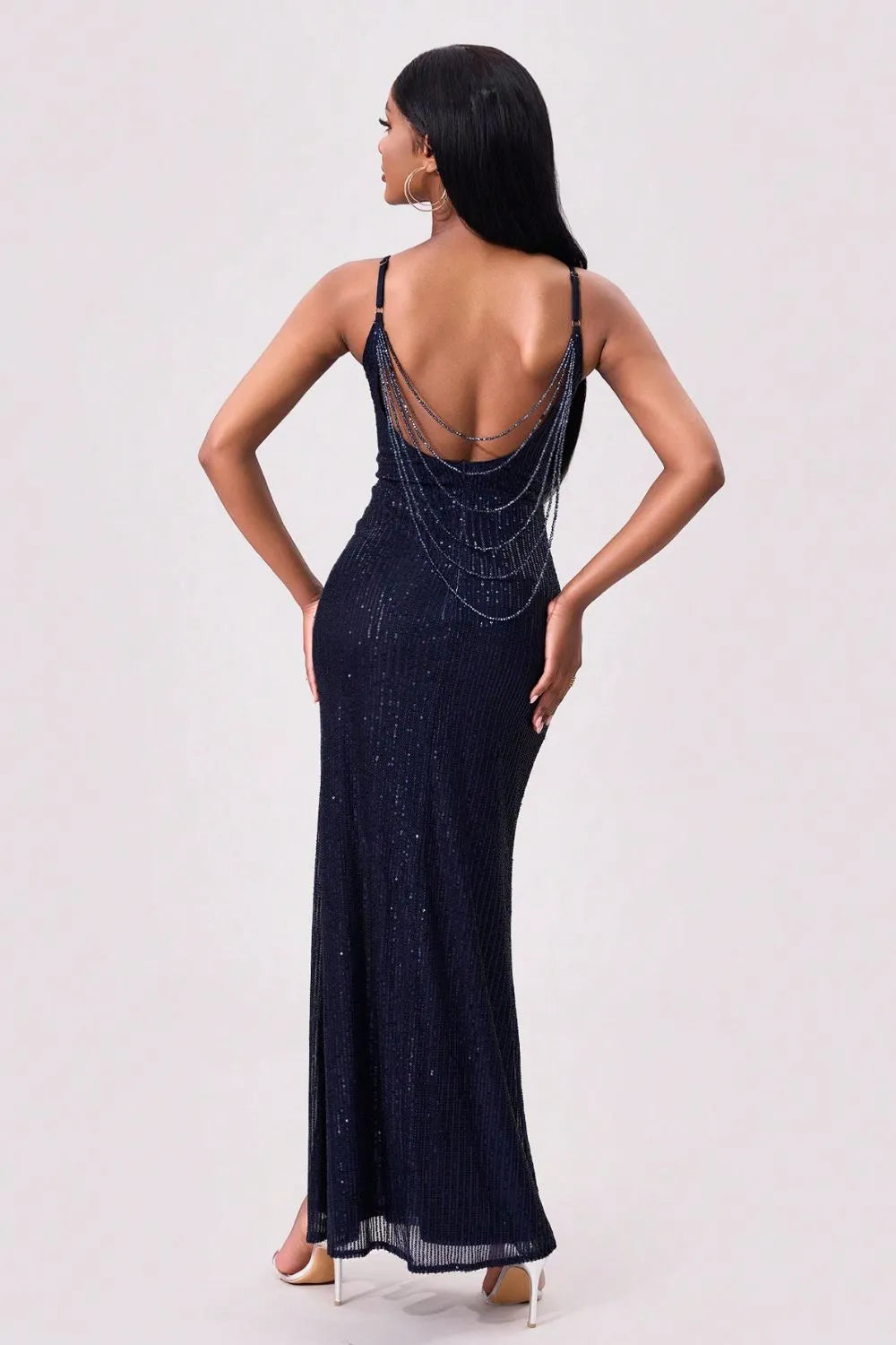 Navy sequin cami maxi dress detail view