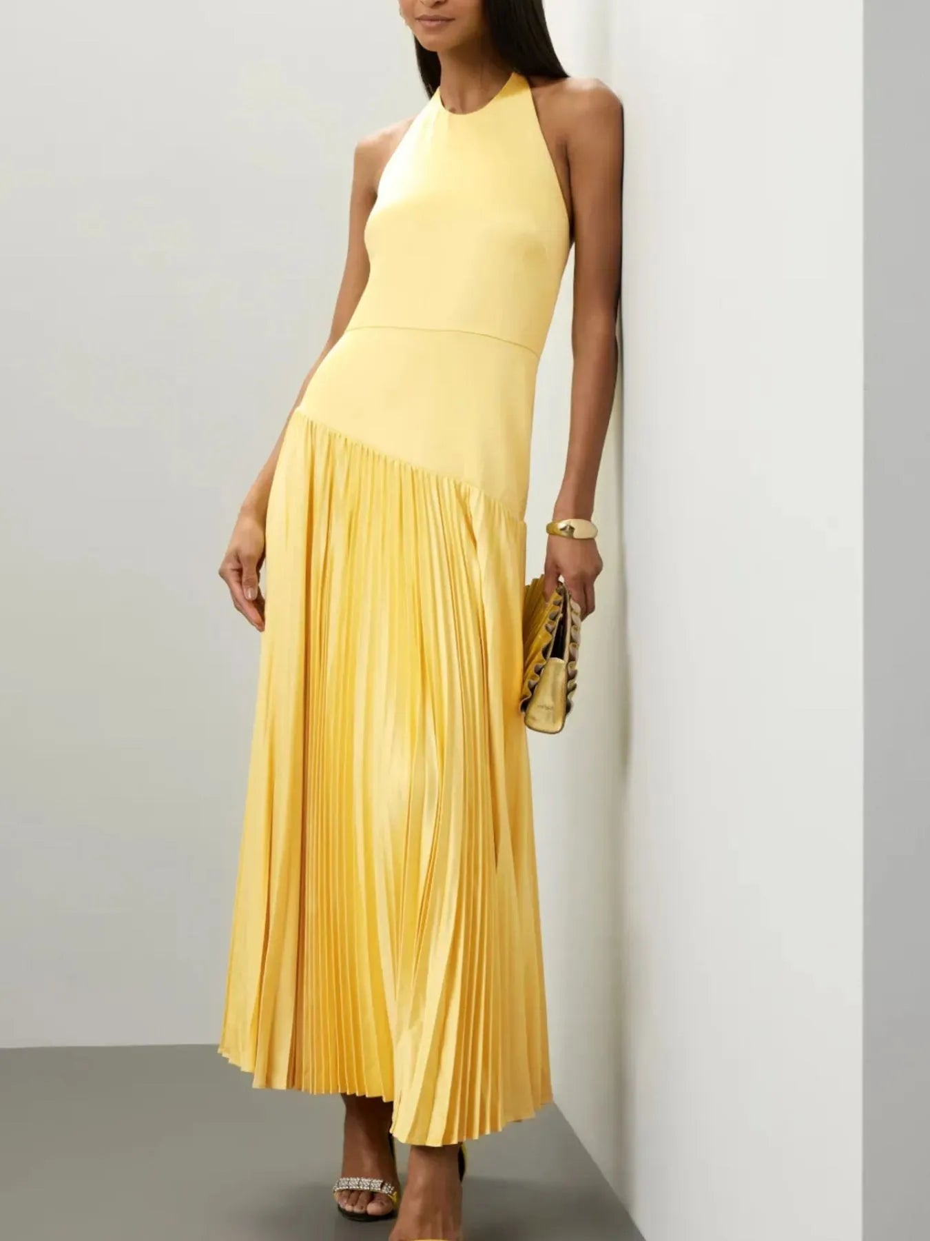 Pleated halter maxi dress back view
