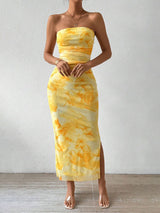Ruched yellow cocktail dress back view