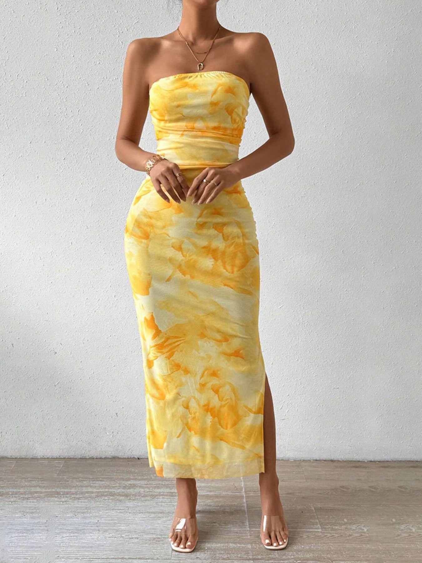 Ruched yellow cocktail dress back view