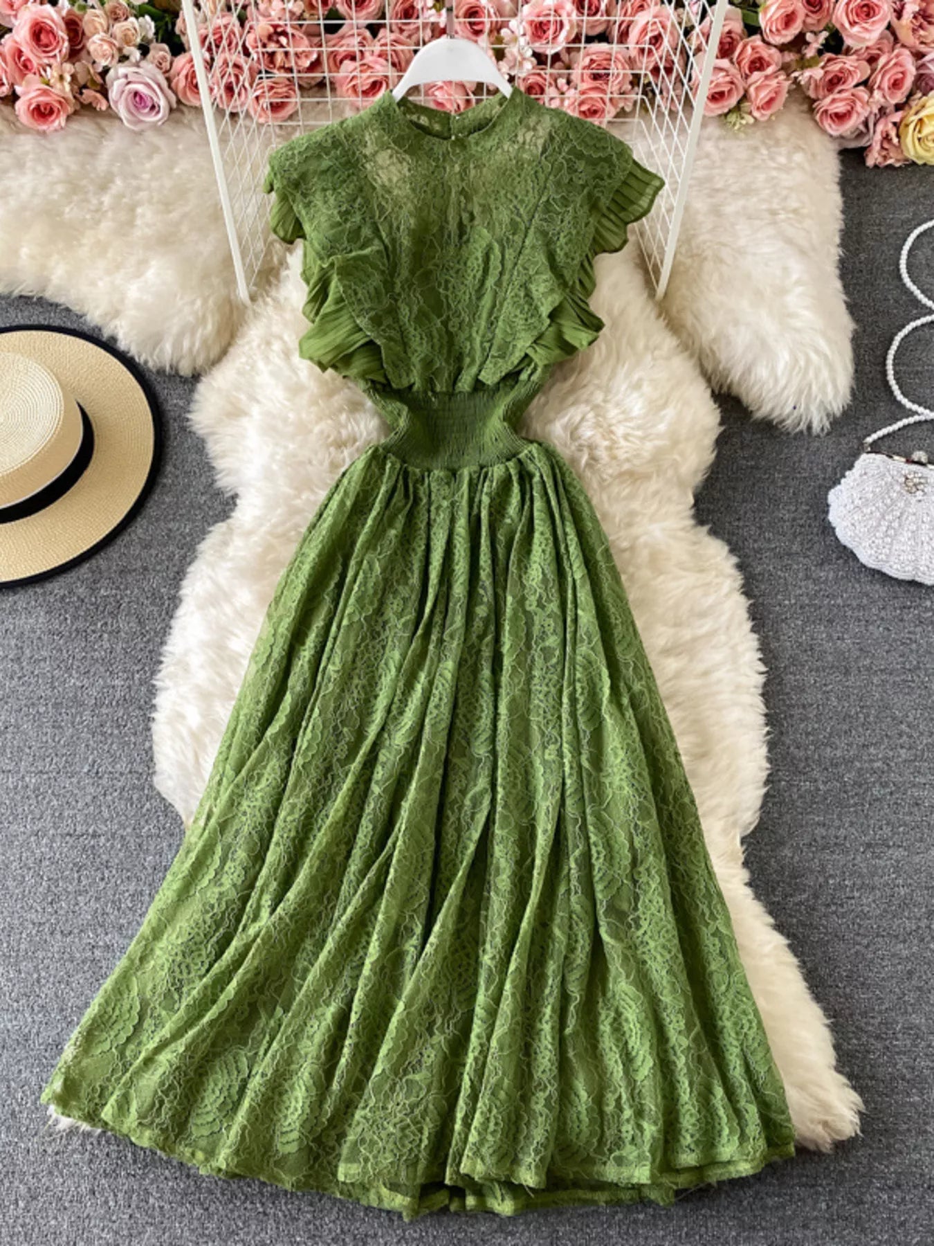 Colorful mock neck lace maxi dress styling