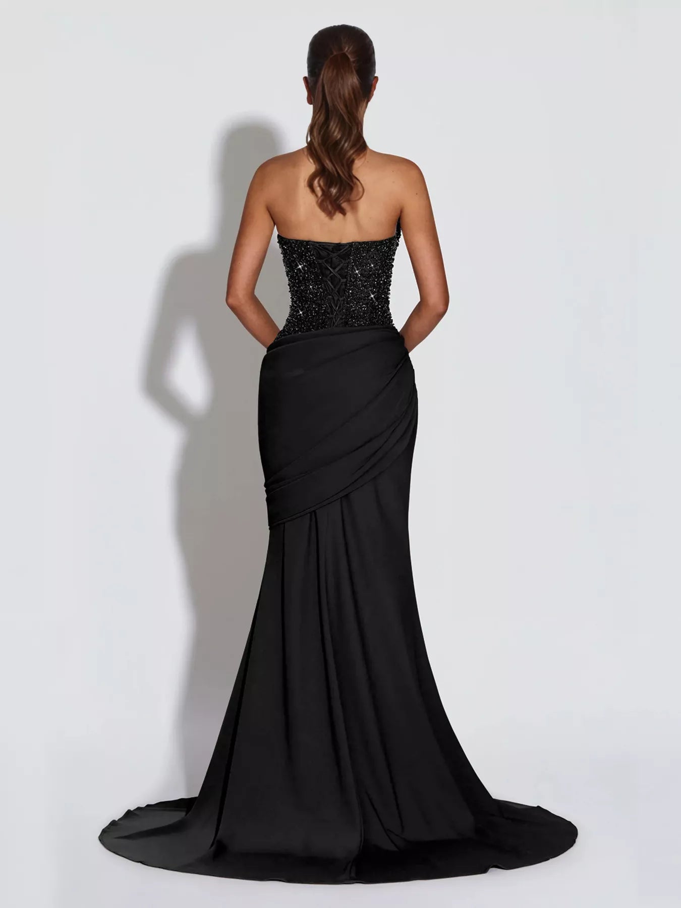 Ruched sequin halter maxi dress front view