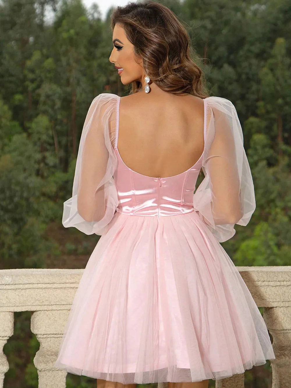 Balloon-sleeve mini dress back view