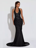 Black sequin halter neck maxi dress