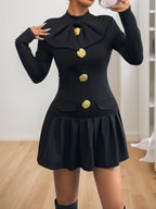 Black mock-neck long-sleeve mini dress, front view.