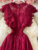 Burgundy ruffled mock-neck lace maxi dress, bodice detail.