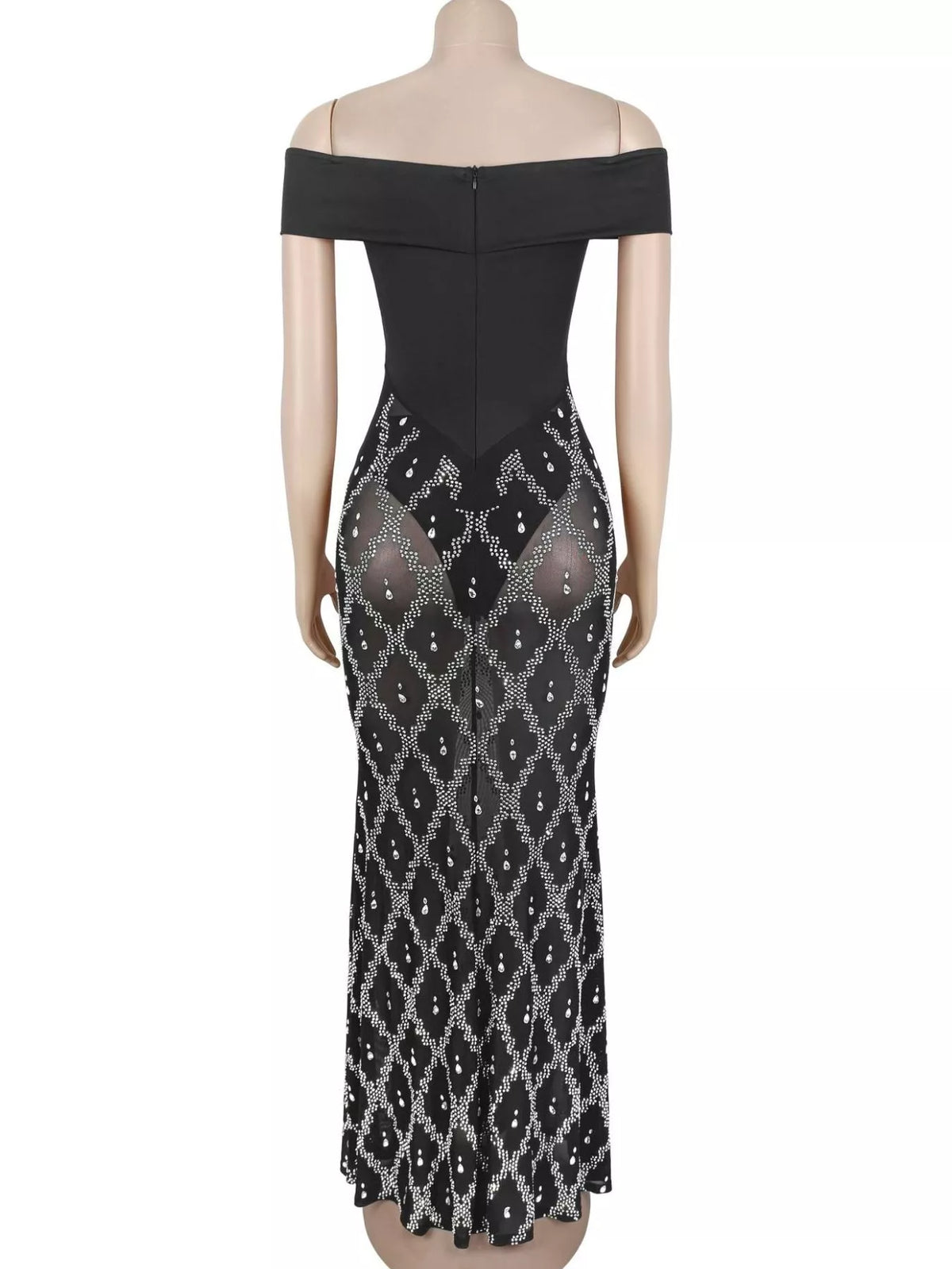 Black rhinestone sheer off-shoulder maxi dress, back view.