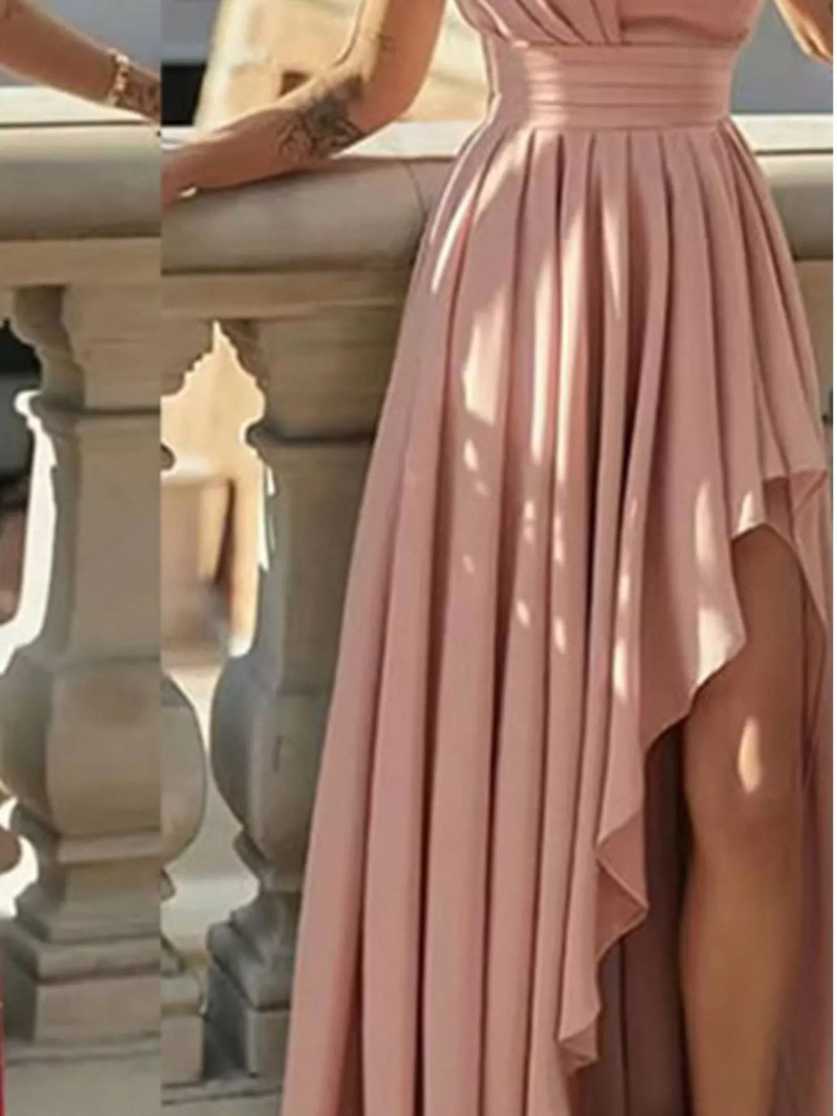 Blush pink one-shoulder high-low slit maxi dress, skirt detail.