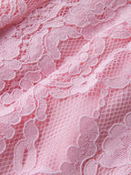 Pink lace long-sleeve midi dress, lace detail.