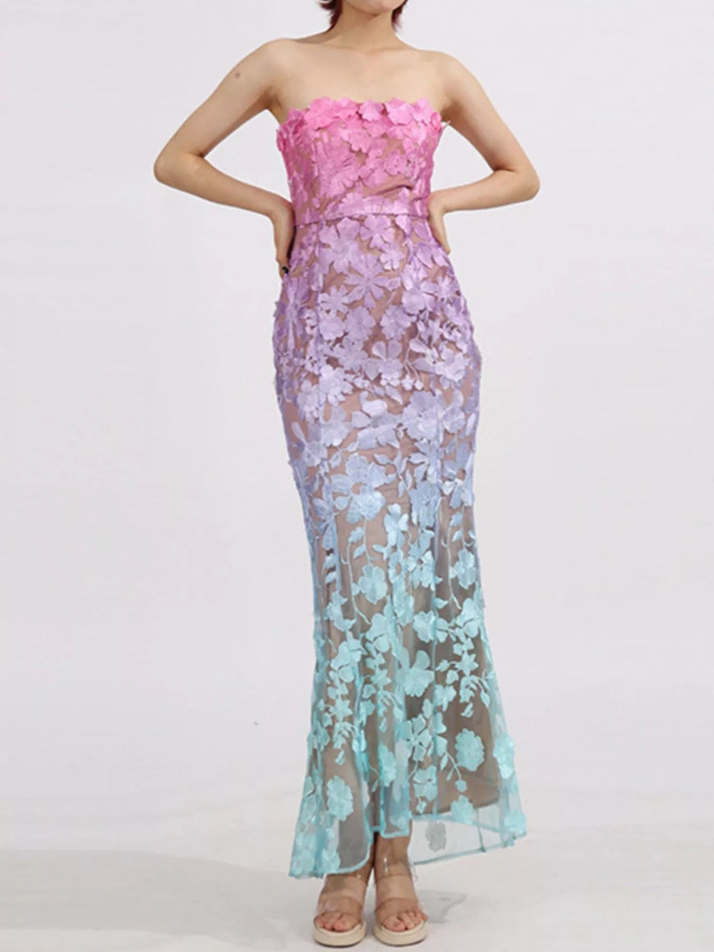 Floral embroidered maxi dress side view