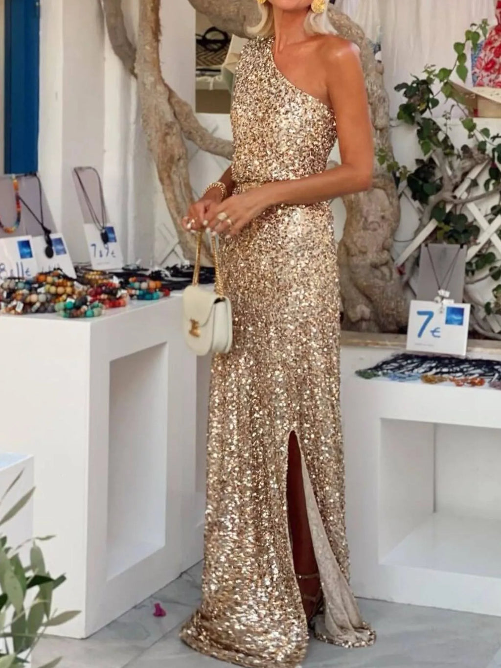 Beige Sequin One-Shoulder Slit Maxi Dress - product view 4