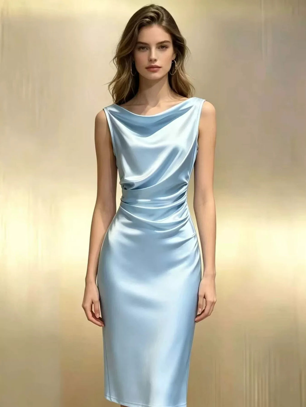 Satin cowl neck ruched midi dress front view