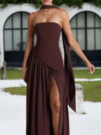 Two-Tone Strapless Asymmetrical Slit Maxi Dress - product view 4