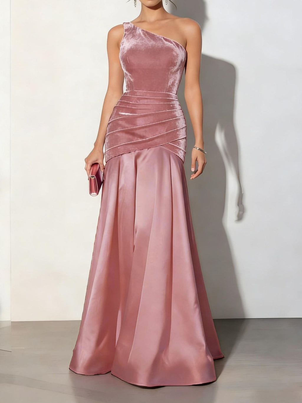 Dusty pink velvet one-shoulder mermaid maxi dress