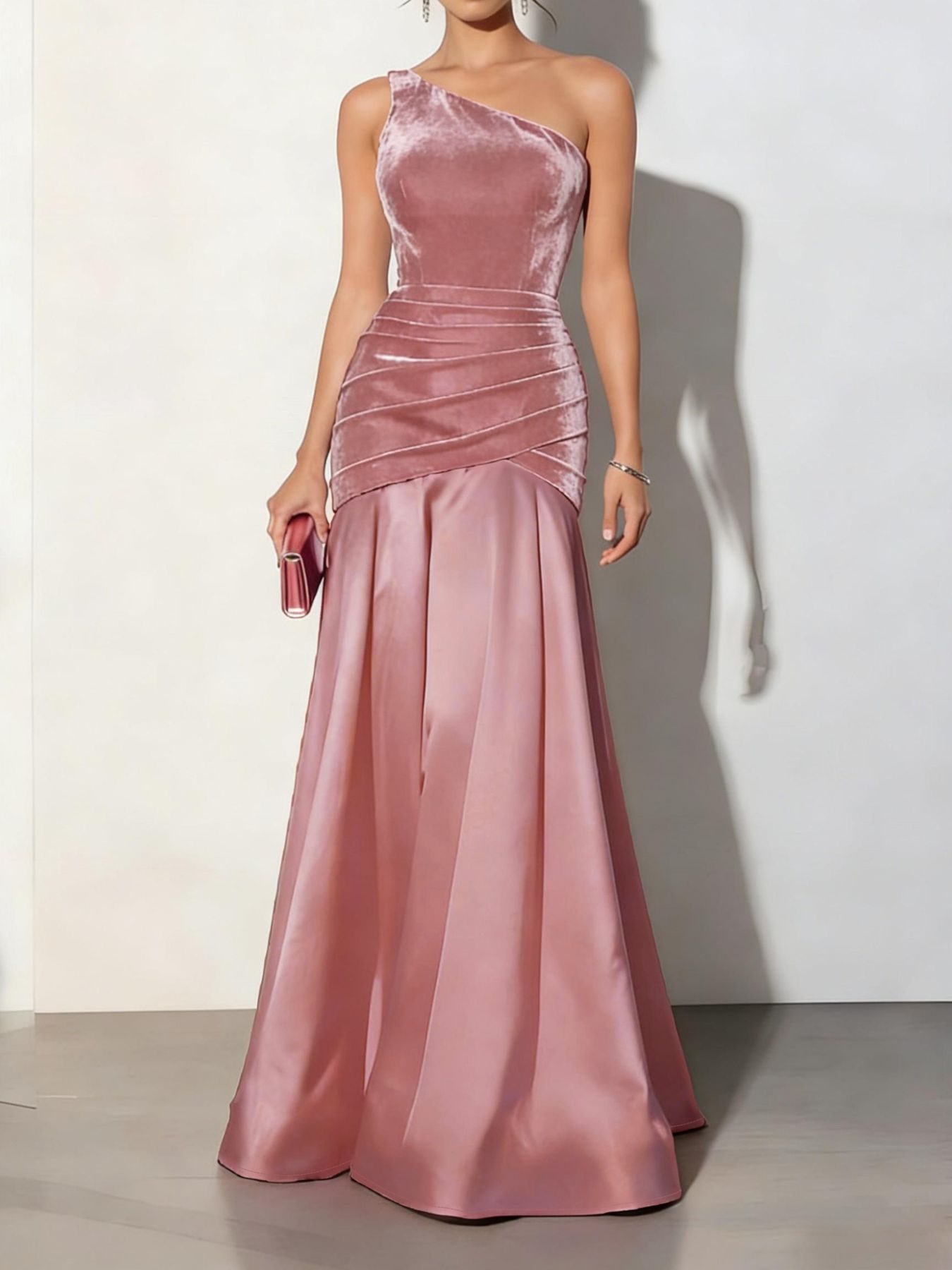 Dusty pink velvet one-shoulder mermaid maxi dress