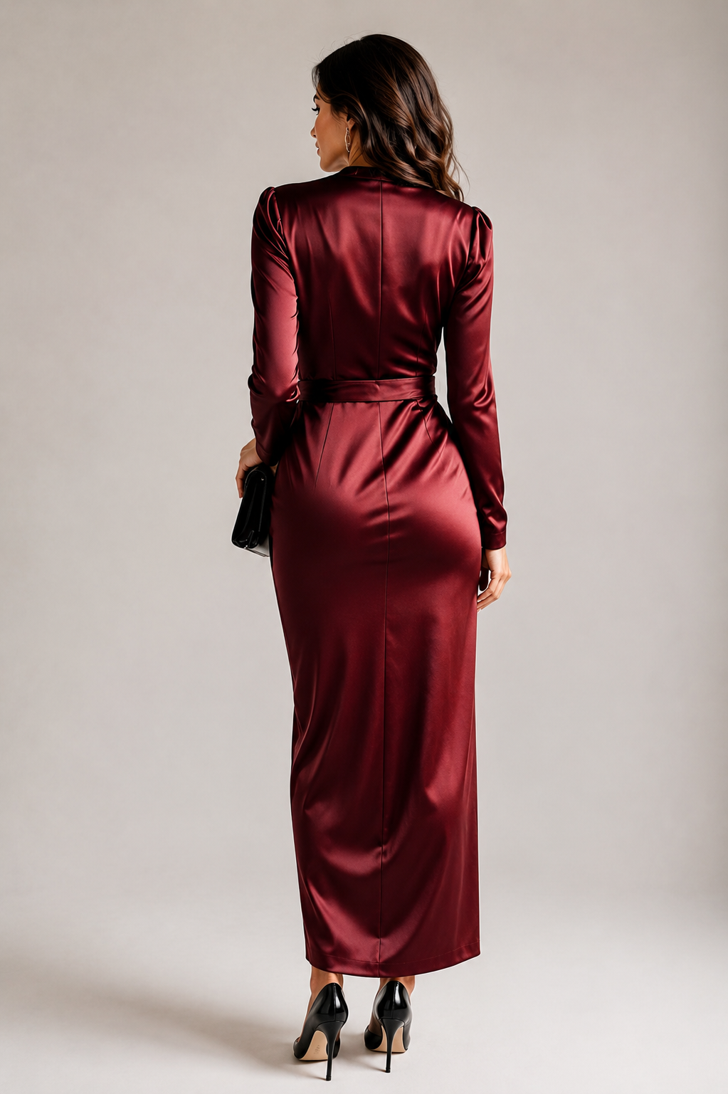 Satin Tie-Waist Long-Sleeve Dress