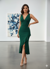 Elegant Ruffle V-Neck Bodycon Dress – Flattering Stretch Knit for Date Night & Events