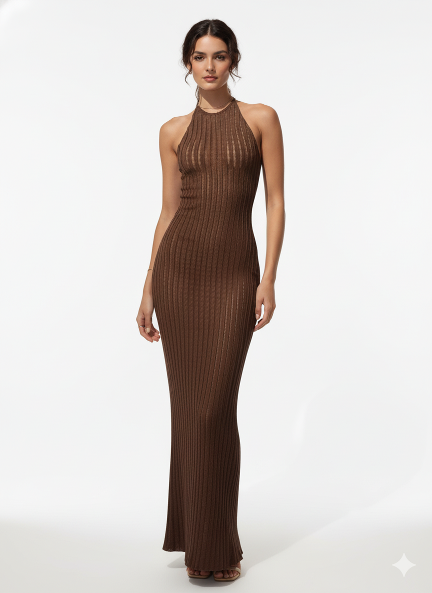 Ribbed halter neck bodycon maxi dress