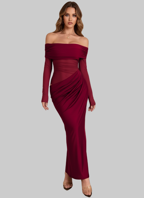 The Aura Draped Bodycon Gown: Off-Shoulder Ruched Silhouette