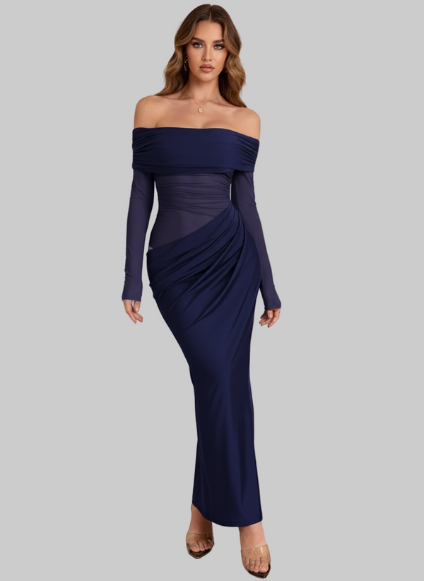 The Aura Draped Bodycon Gown: Off-Shoulder Ruched Silhouette