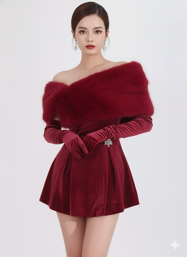 Regal Fuzzy Off-Shoulder Mini Dress with Faux Fur Stole  Shoulder Mini Dress