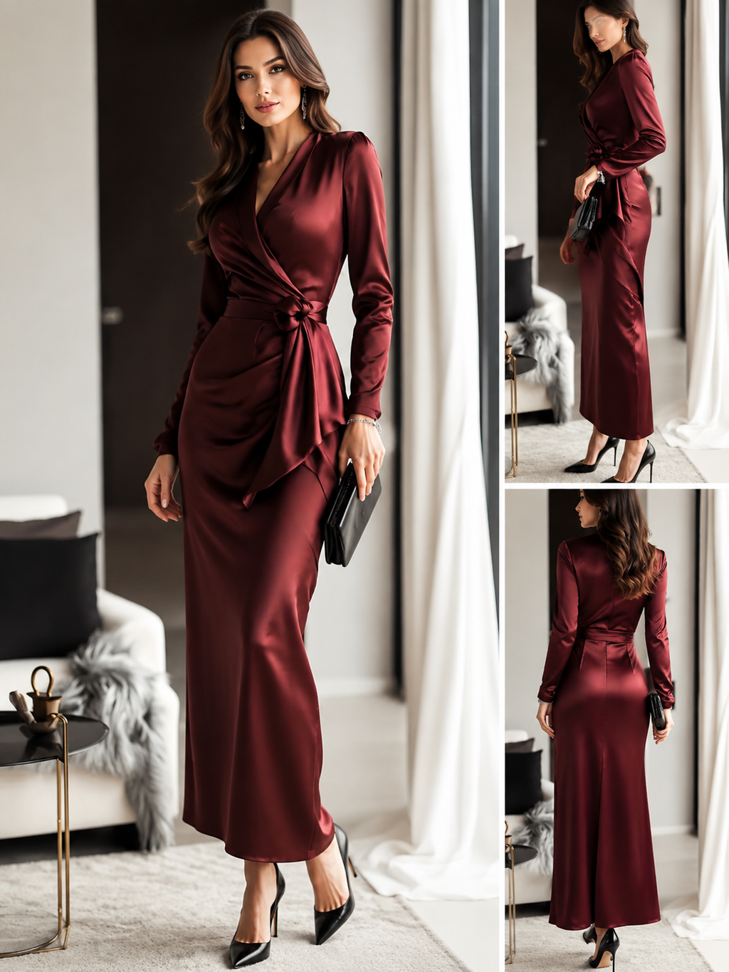 Satin Tie-Waist Long-Sleeve Dress