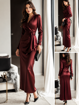 Satin Tie-Waist Long-Sleeve Dress