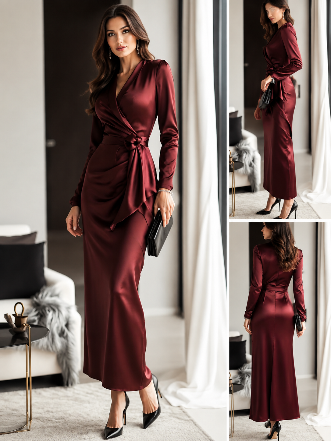 Satin Tie-Waist Long-Sleeve Dress