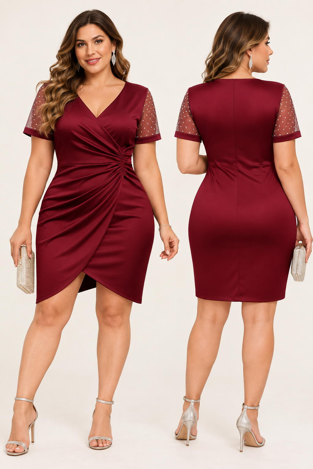 Plus Size Satin Wrap Wedding Guest Dress with Sheer Sleeves