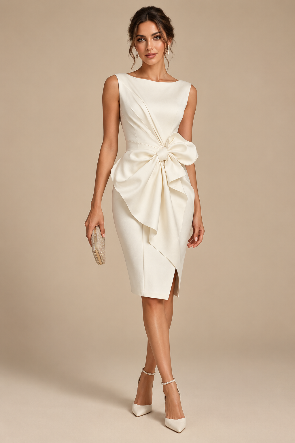 Bow-Detail Ruched Mini Dress with Slit