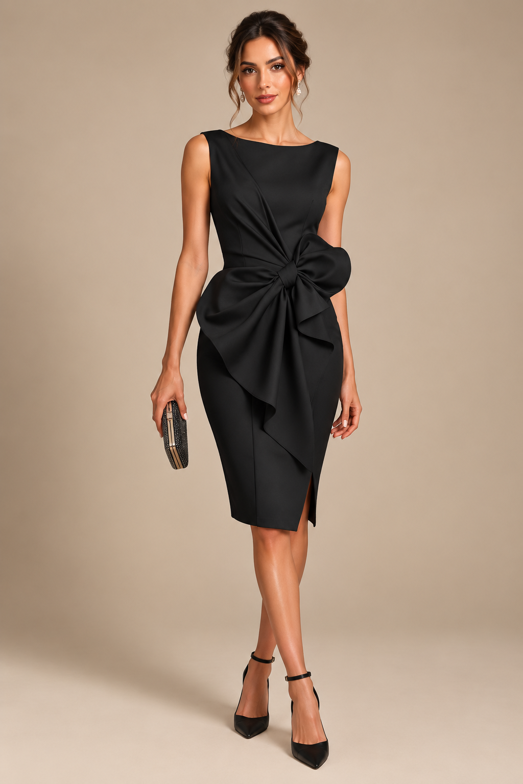 Bow-Detail Ruched Mini Dress with Slit