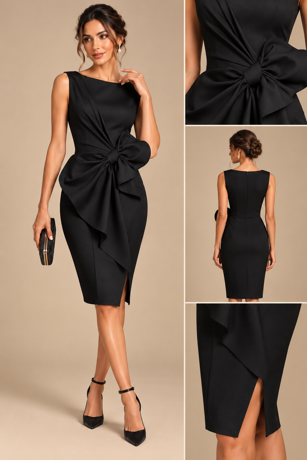 Bow-Detail Ruched Mini Dress with Slit