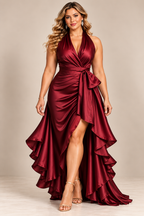 Plus-Size High-Low Ruffled Satin Maxi Dress
