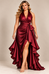 Plus-Size High-Low Ruffled Satin Maxi Dress