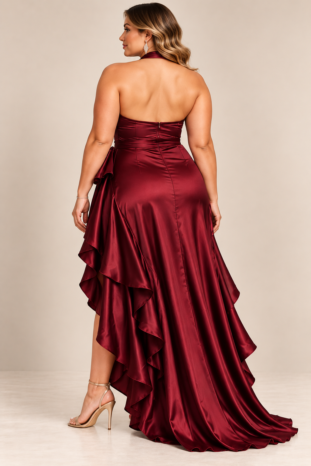 Plus-Size High-Low Ruffled Satin Maxi Dress
