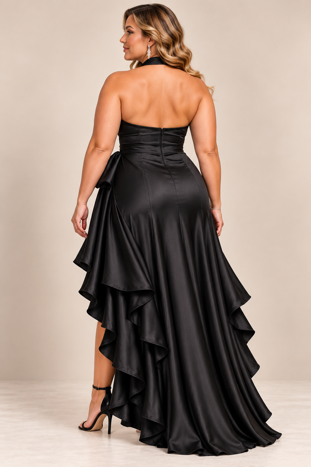 Plus-Size High-Low Ruffled Satin Maxi Dress