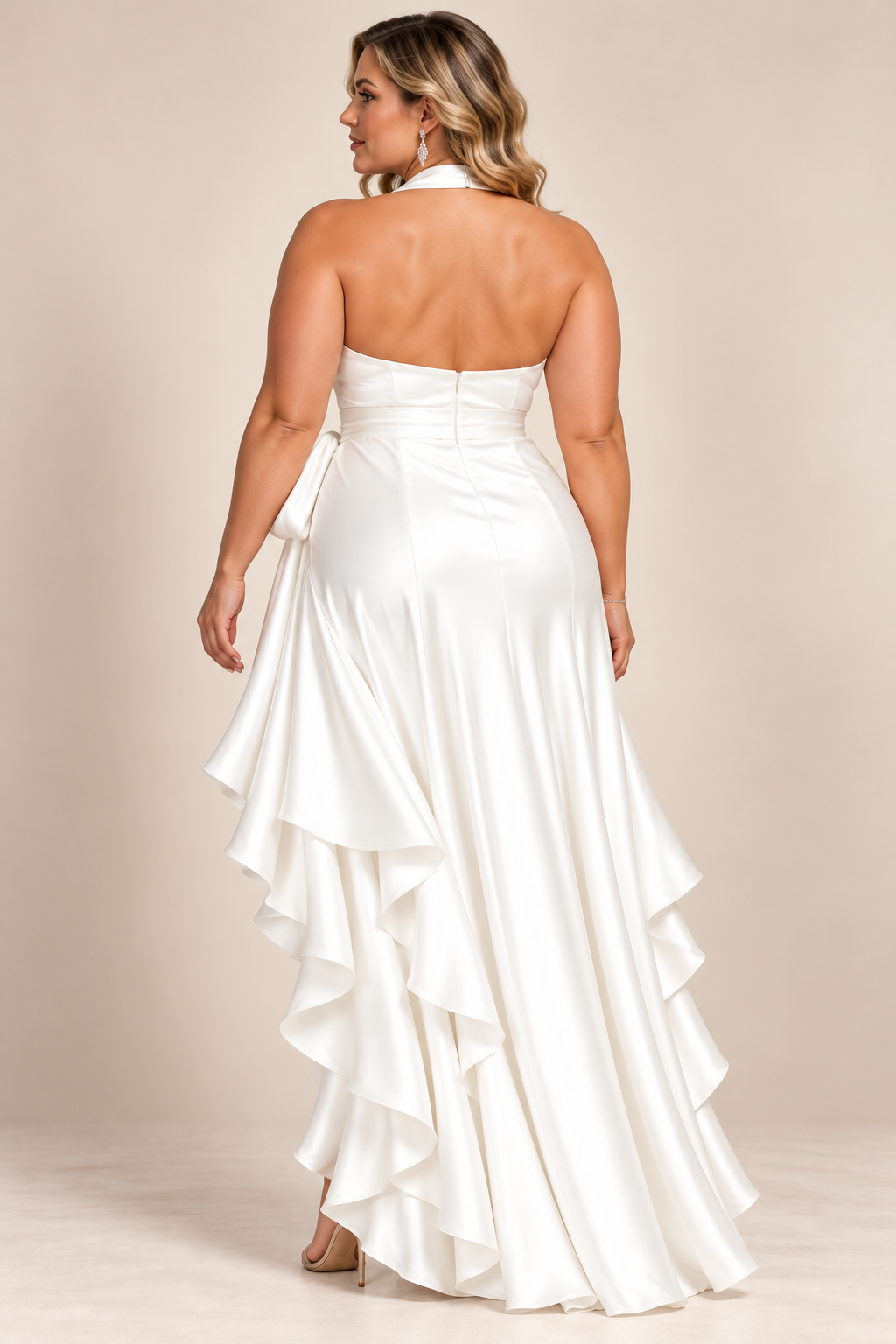 Plus-Size High-Low Ruffled Satin Maxi Dress