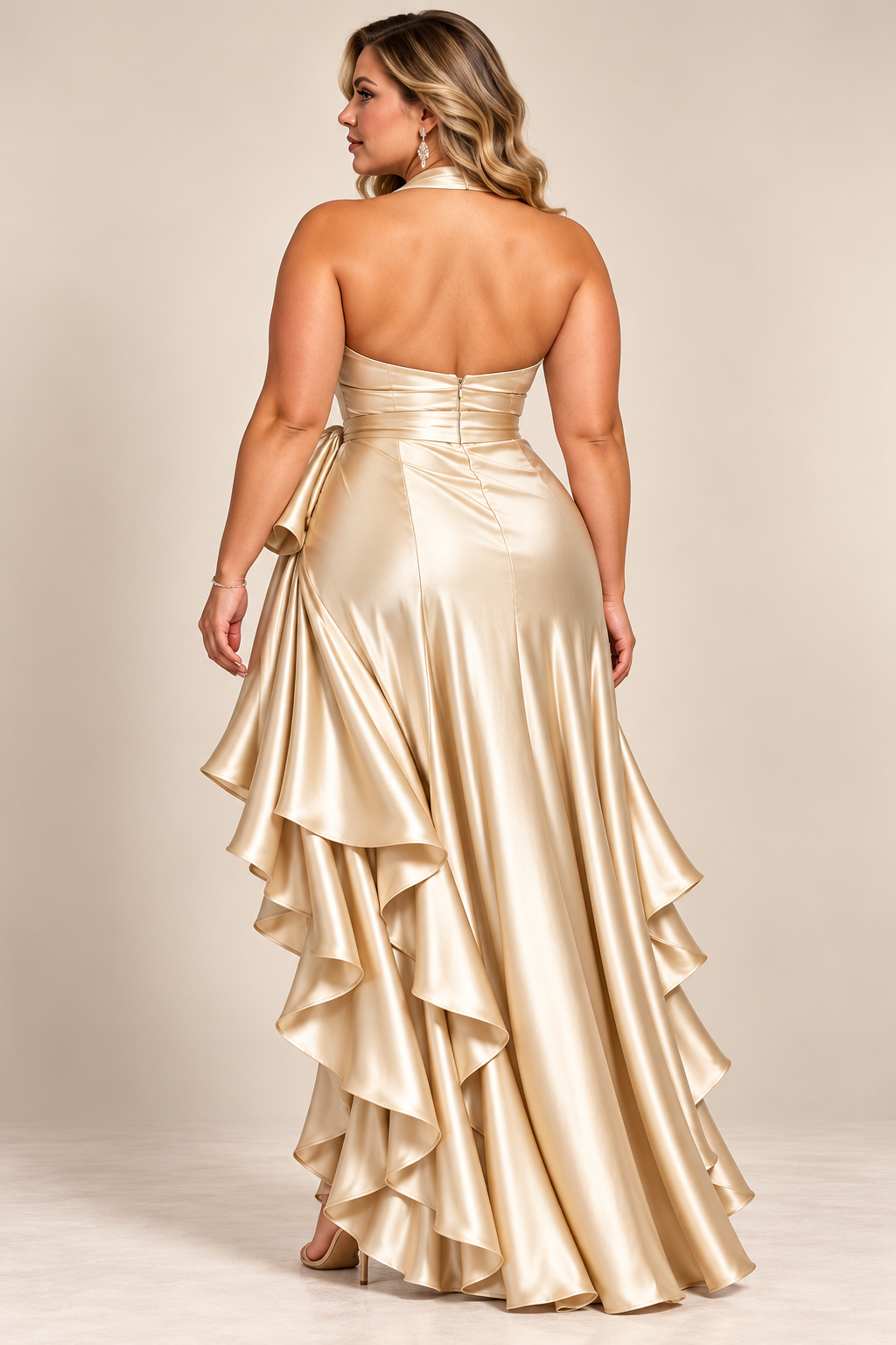Plus-Size High-Low Ruffled Satin Maxi Dress
