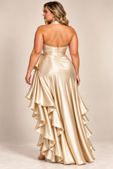 Plus-Size High-Low Ruffled Satin Maxi Dress