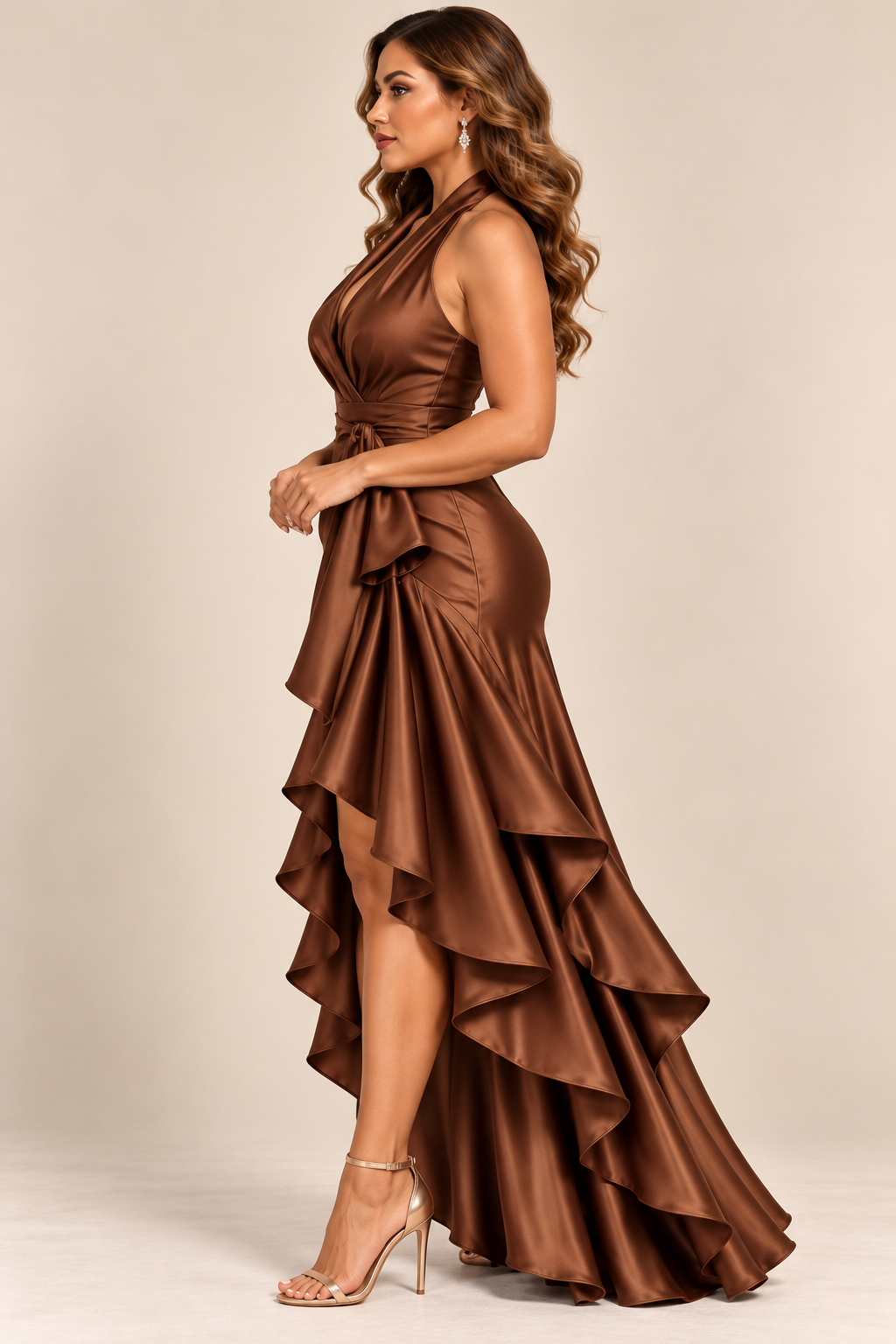 Plus-Size High-Low Ruffled Satin Maxi Dress