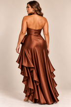 Plus-Size High-Low Ruffled Satin Maxi Dress